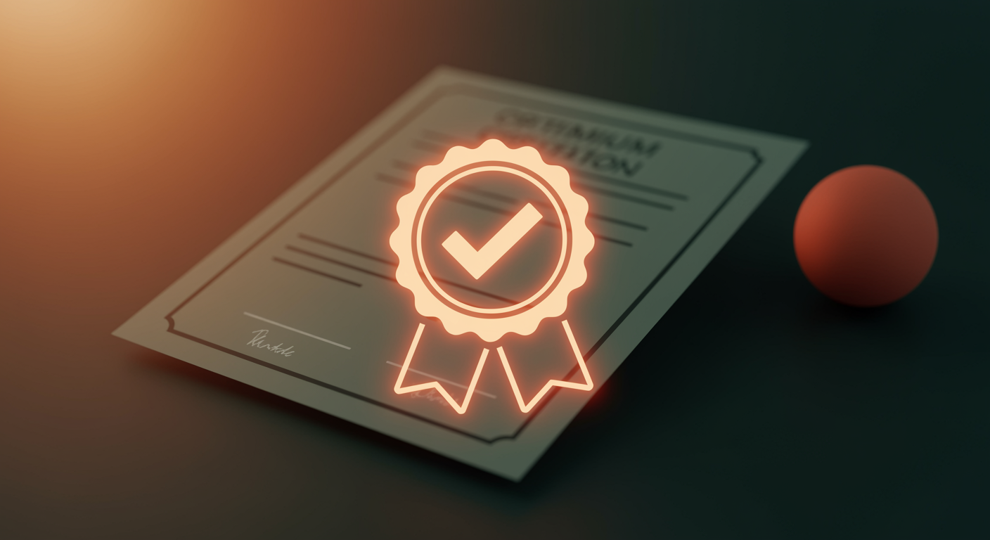 Minimal navy and gold illustration of two certificate cards being compared side by side with a QR verification badge