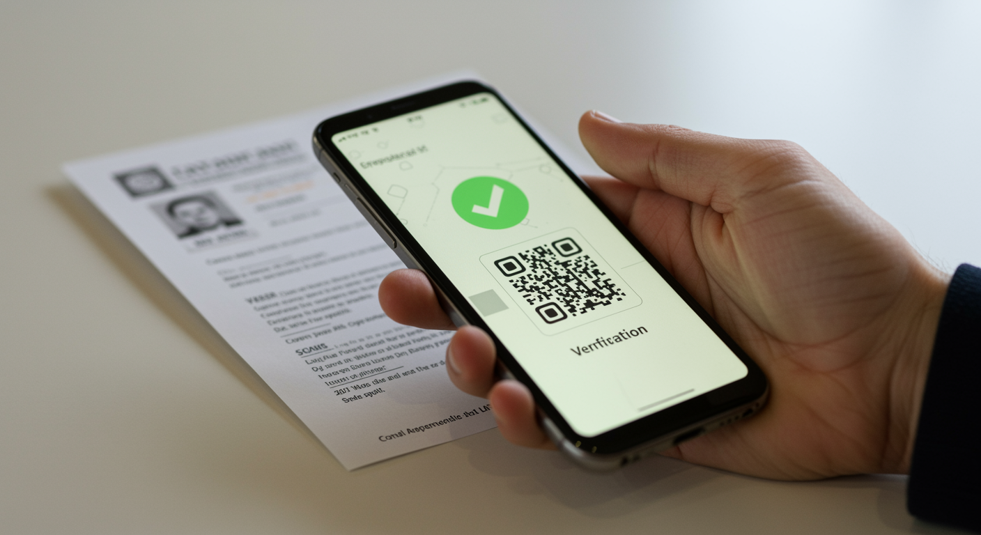 A phone scanning a QR code on an official document to verify it