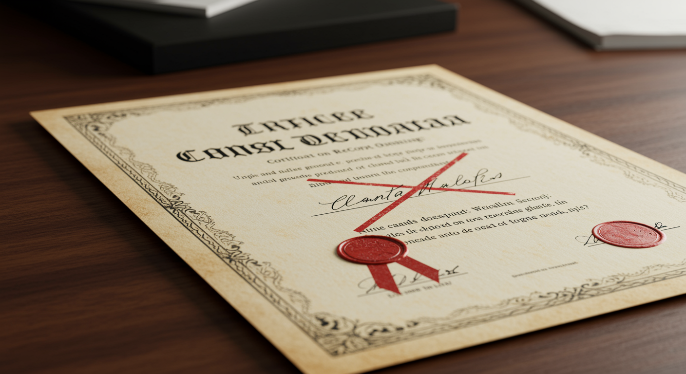 An official certificate being formally withdrawn and marked as revoked