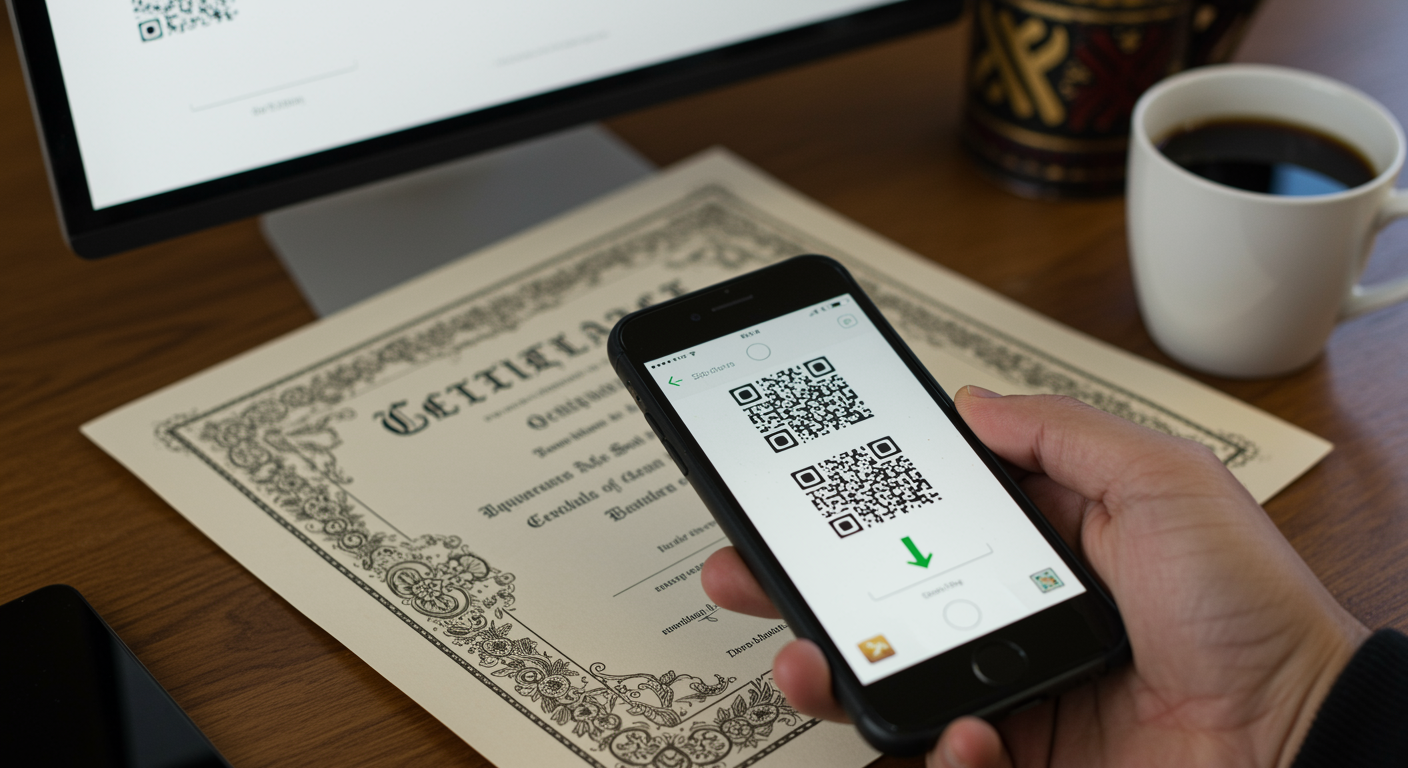 A phone scanning the QR code on a printed certificate to download it